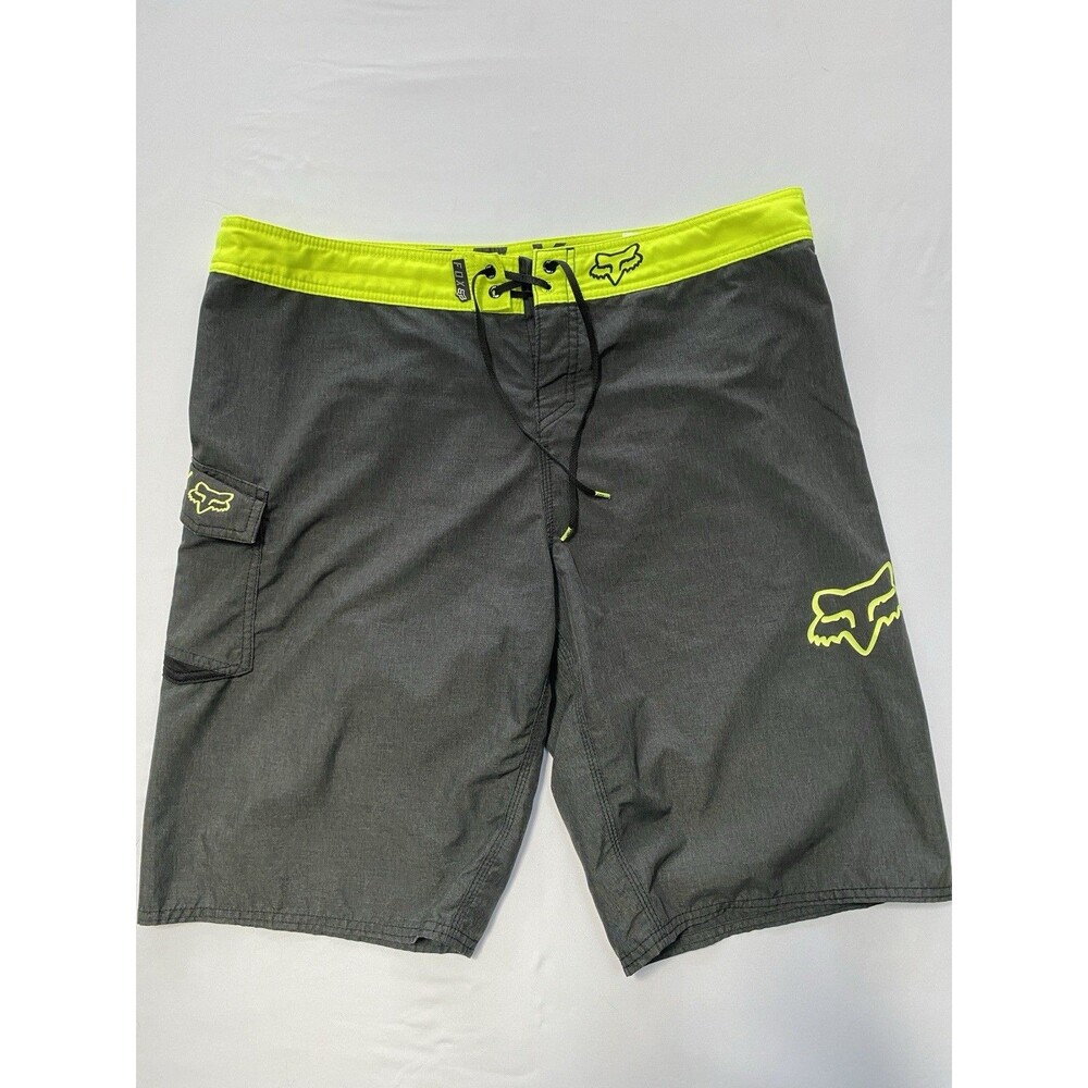 Fox Racing Mens Size 38 Charcoal Grey Neon Yellow Boardshorts Swim Trunks Surf